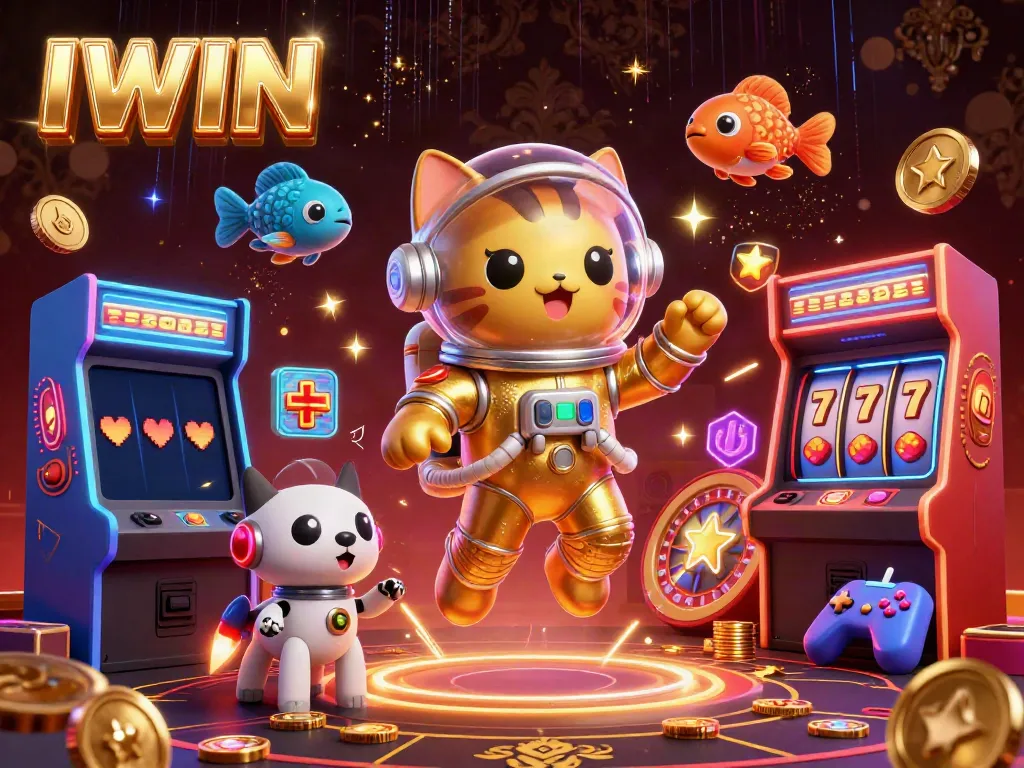IWIN brings a lively casino adventure featuring a space astronaut cat and robot dog surrounded by vibrant arcade games.