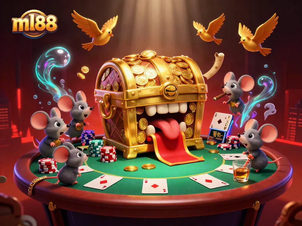 Engage in ml88 gaming excitement with vibrant cartoon treasure chest and poker elements.