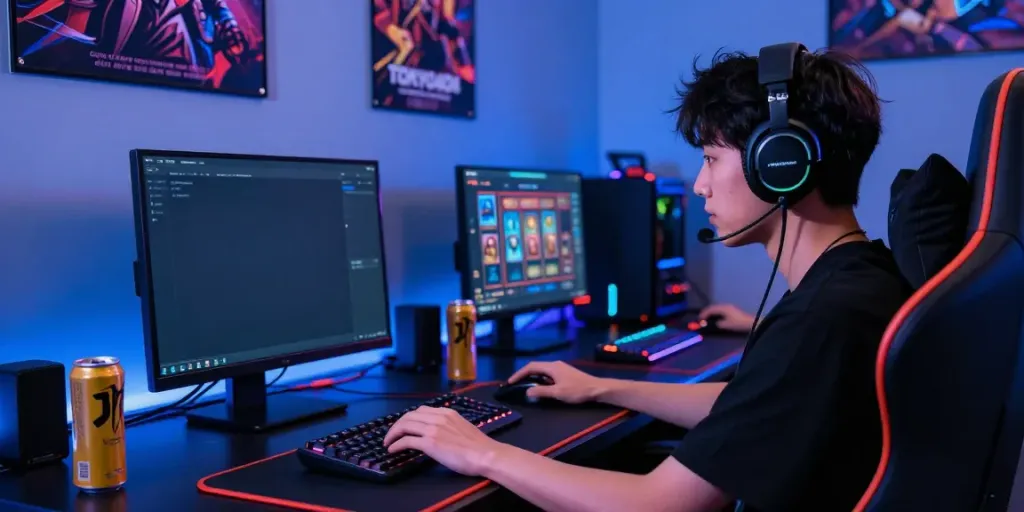 Player immersed in slot Thailand gaming on TOKYO404 platform in vibrant modern setup.