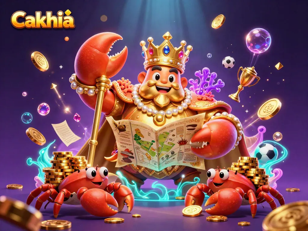 Experience Cakhia's vibrant sports betting scene with a golden crab emperor and dynamic elements.