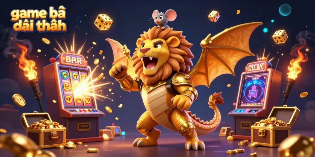 Experience thrilling game bài đổi thưởng with golden chimera roaring triumphantly amidst jackpot explosions and colorful casino elements.
