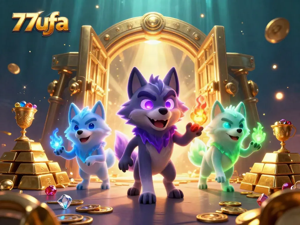 Engage with thrilling adventures at 77ufa, showcasing animated wolves and rich casino treasures.