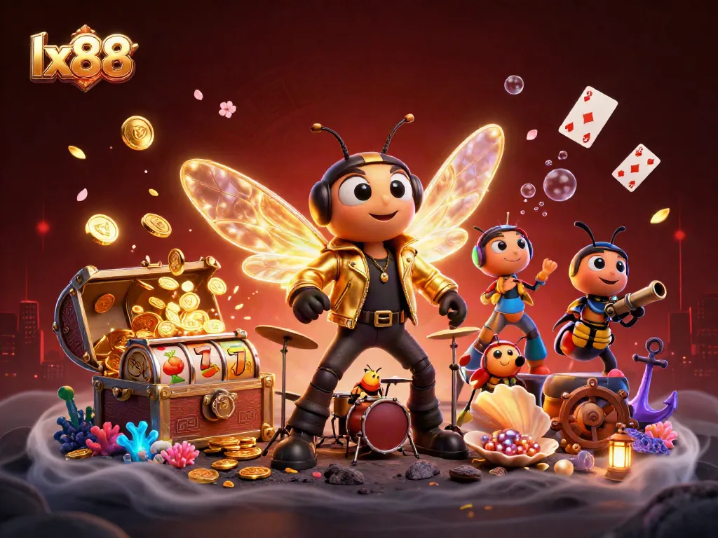 Cicada rock star plays amidst lx88 slot reels and gold coins, creating a vibrant casino atmosphere.