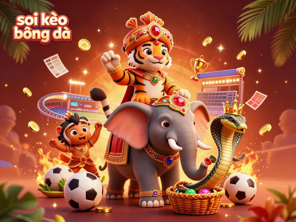 Engage with soi kèo bóng đá dynamic gambling scene featuring a maharaja tiger on an elephant surrounded by sports and treasure elements.