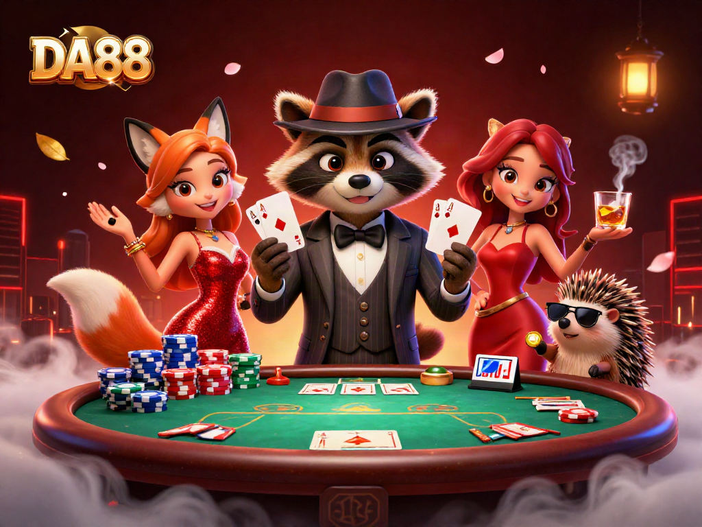 Win big with DA88 at the poker table amidst vibrant casino imagery.