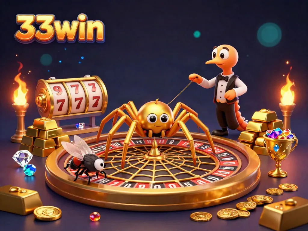 Experience the excitement of 33win with a vibrant illustration of a roulette wheel and characters in action.
