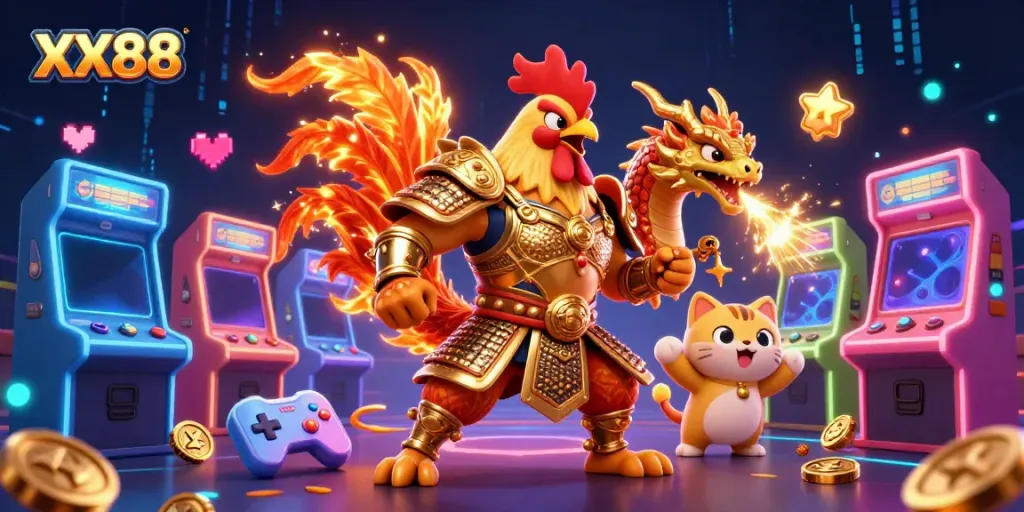 Engage with dynamic gameplay at XX88, featuring a rooster warrior and dragon hatchling.
