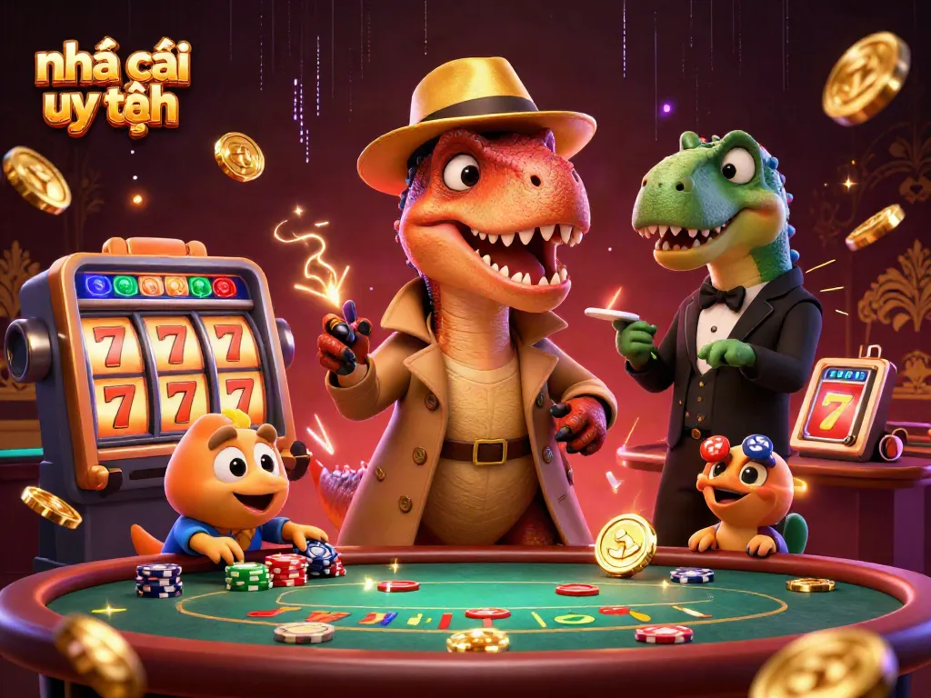Experience the thrill of Nhà cái uy tín with a cartoon velociraptor card counter at a blackjack table.