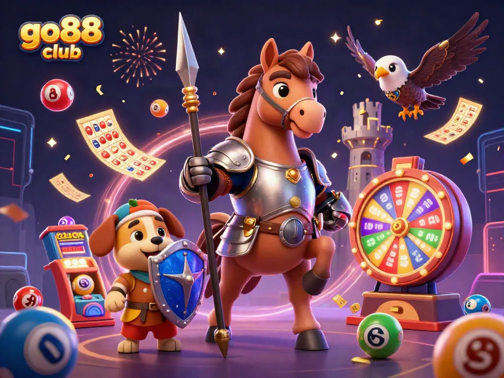 Experience the thrilling world of go88 club with colorful lottery elements and heroic characters in a vibrant casino atmosphere.