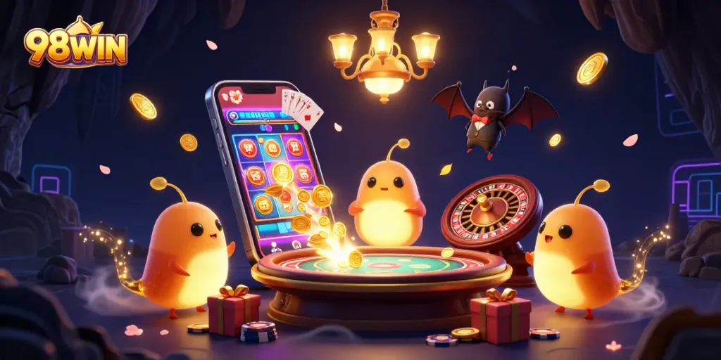 Join the thrilling adventure at 98WIN with glowing casino glowworms illuminating the excitement of gambling.