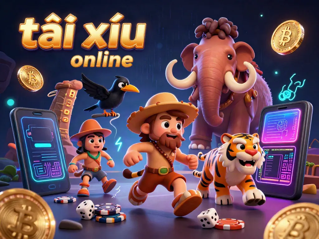 Engage in exciting tài xỉu online gaming with a vibrant 3D illustration featuring cavemen and crypto elements.