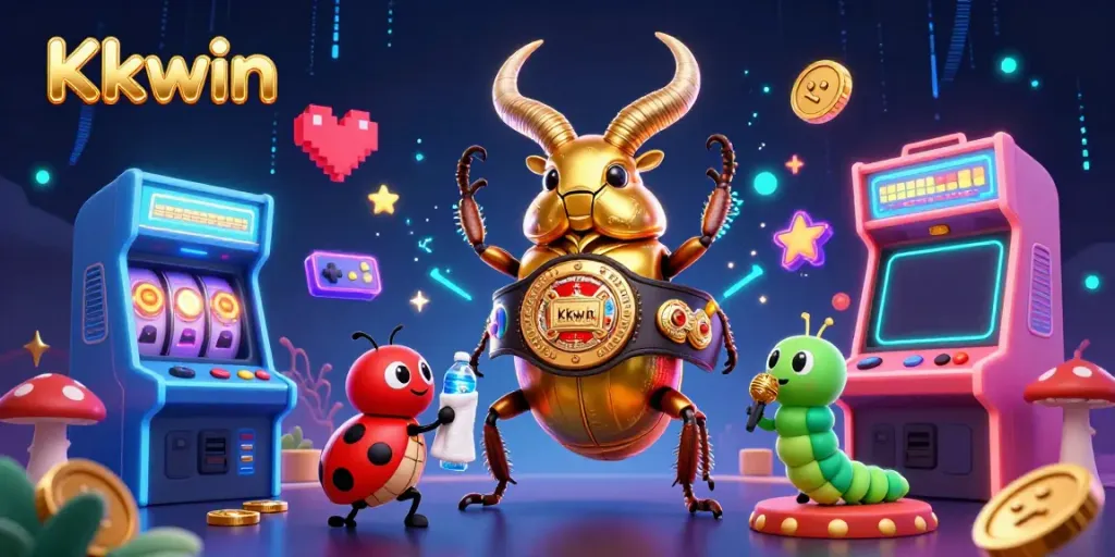 Kkwin gaming scene with a giant golden stag beetle and arcade machines set against a dynamic background.