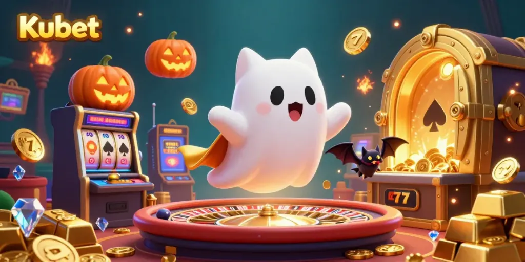 Kubet showcases a lively casino scene with a floating ghost cat, dynamic game elements, and vibrant colors.
