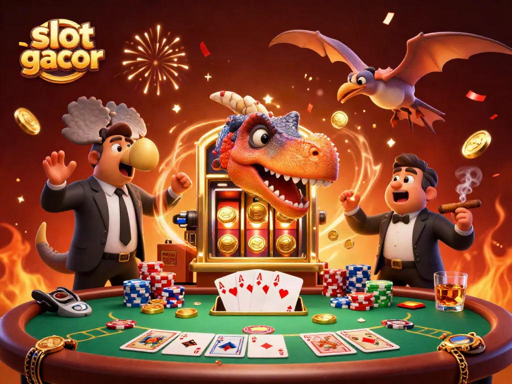 Headbutting slot gacor machine with colorful jackpot coins flying amidst casino chaos and excitement.