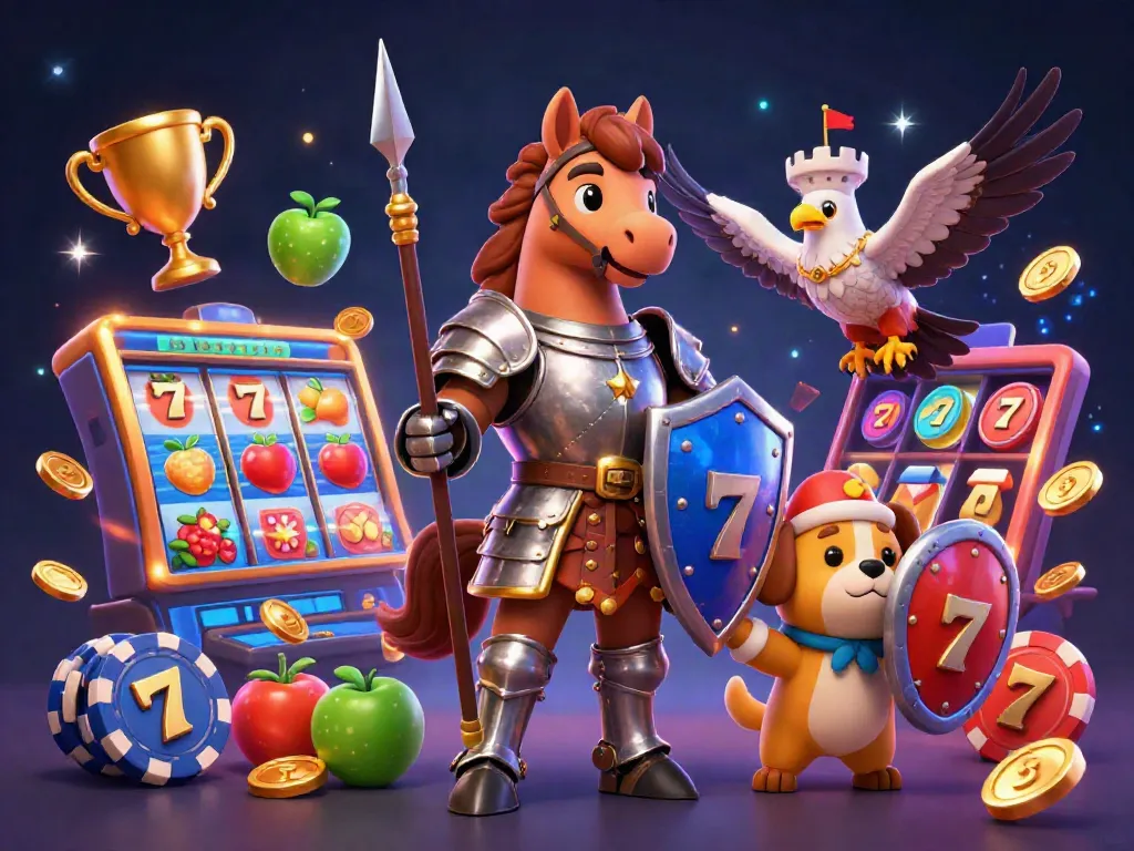 Experience the excitement of sodo66 with a medieval knight, a squire, and a falcon amid colorful casino elements.