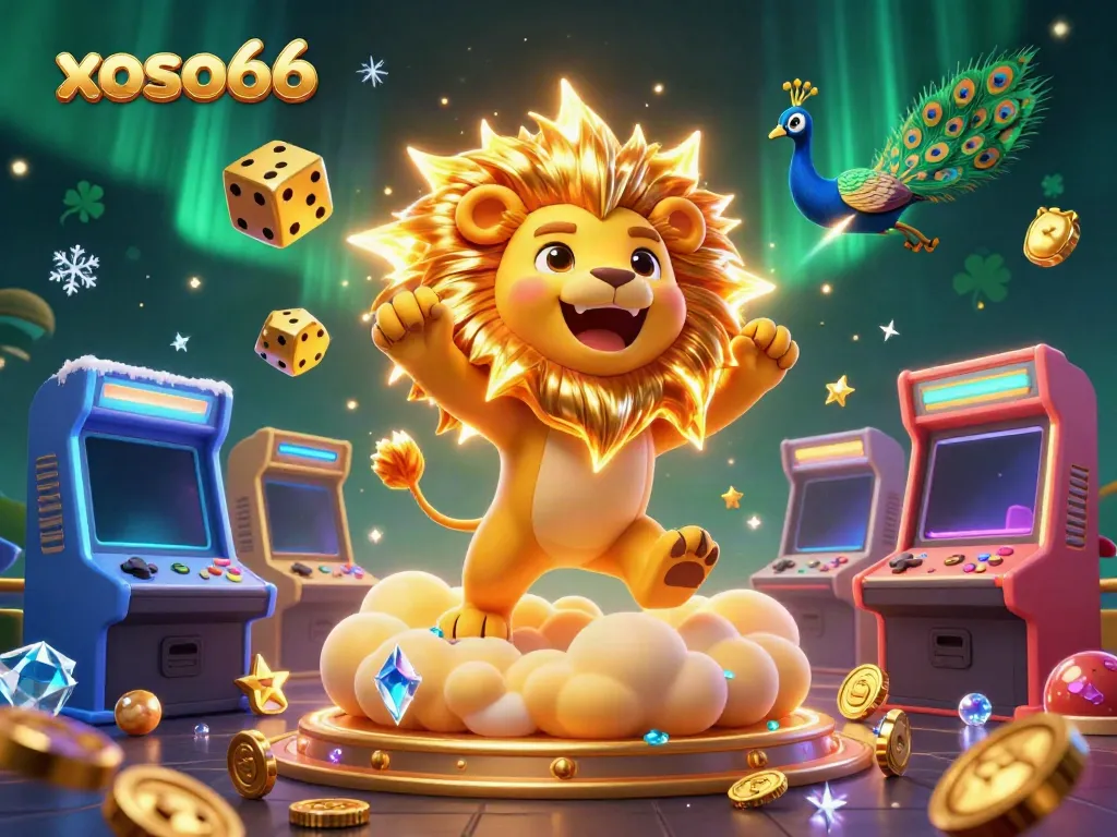 xoso66 players enjoy casino excitement in a vibrant 3D digital world with a roaring sun lion.