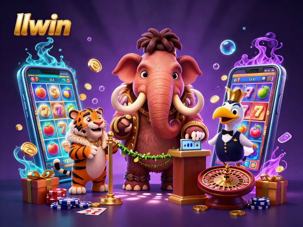 llwin casino illustration featuring vibrant characters enjoying slot games and luxury