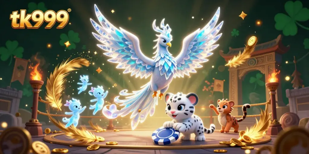 Engage with tk999 by enjoying a dynamic 3D illustration featuring an ice phoenix, snow leopard cub, and ice sprites.