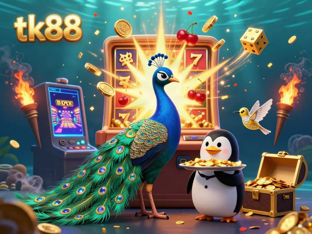 Experience the excitement of tk88 with a vibrant 3D casino scene filled with colorful game elements.