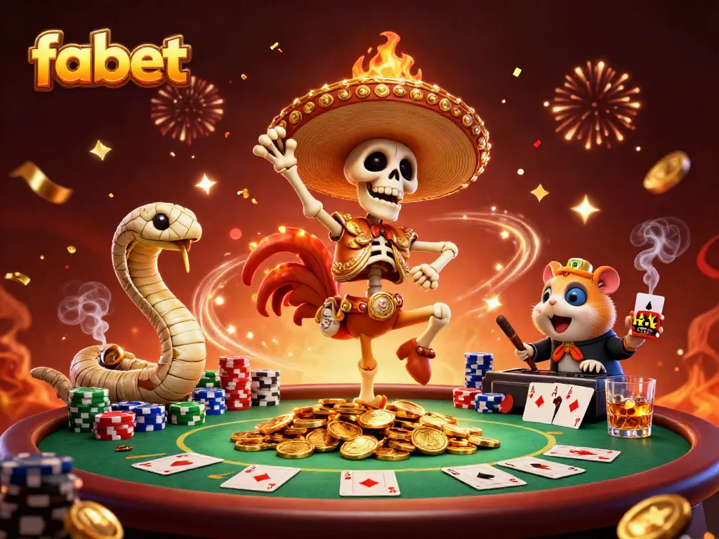 Experience the thrill of fabet with a festive 3D cartoon scene of celebratory characters surrounded by poker elements.