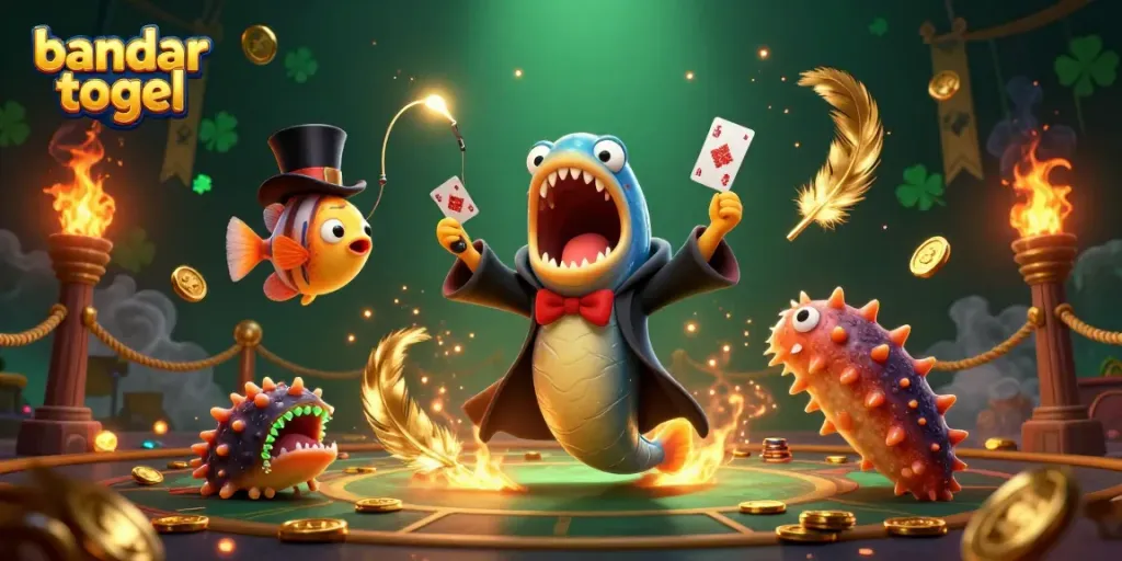 Bandar togel dalam ilustrasi 3D, ikan dan elemen kasino yang menakjubkan.