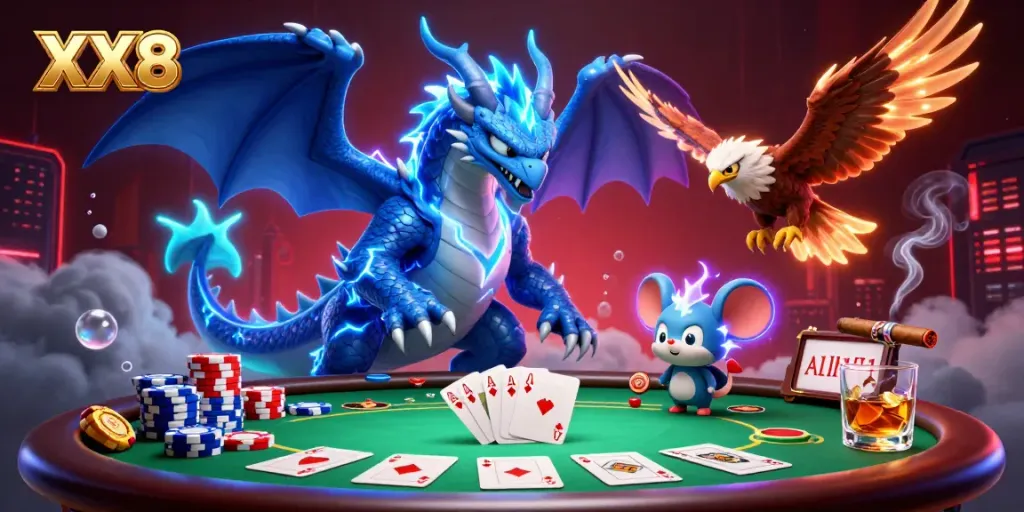 Join the thrilling action with XX8 as electric characters spark excitement at a vibrant poker table.