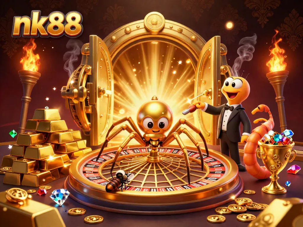 Spin bets at nk88 in this vibrant 3D casino scene filled with gold and riches.