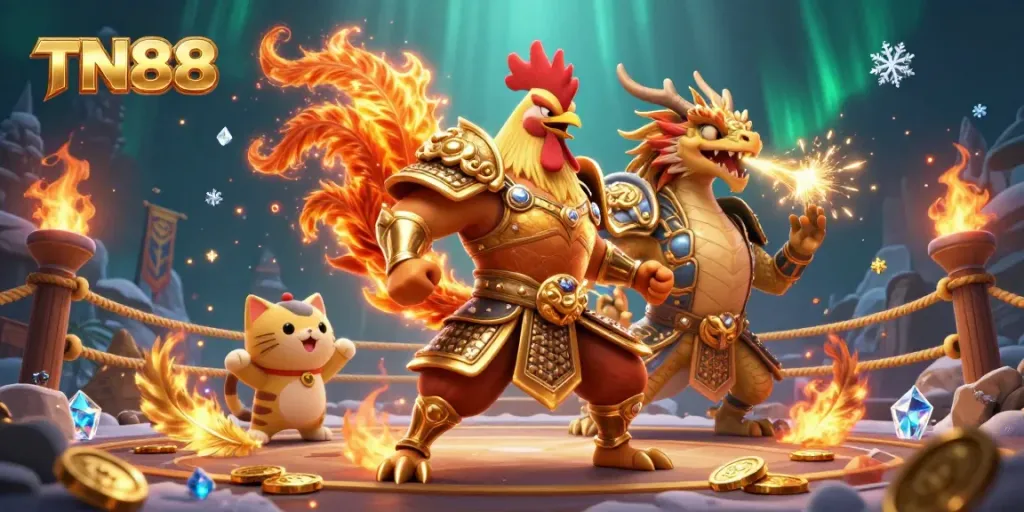 Experience the thrill of TN88 with a warrior rooster and armored dragon in a vibrant casino arena.