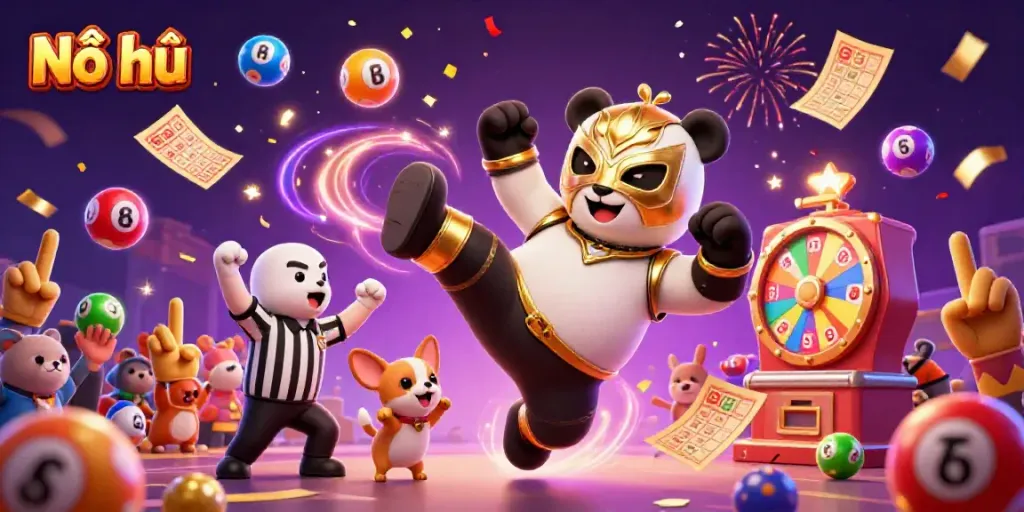 Experience thrilling excitement with Nổ hũ as a panda wrestler and chihuahua referee engage in a lively casino scene.