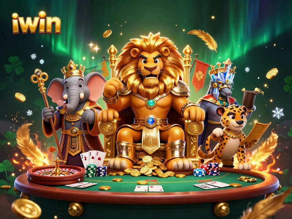 Join the iwin gaming experience with vibrant casino action featuring a royal lion and friends.