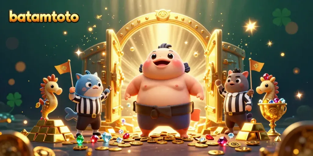 Join the vibrant batamtoto underwater casino with fugu, wise catfish, and seahorse fans celebrating victory.