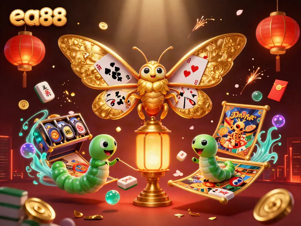 ea88 betting excitement illustrated with a golden moth and vibrant casino elements