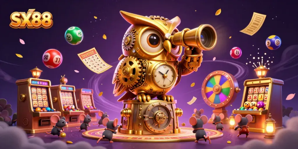 SX88 reveals exciting casino action with a golden owl overseeing vibrant slots and lively game elements.