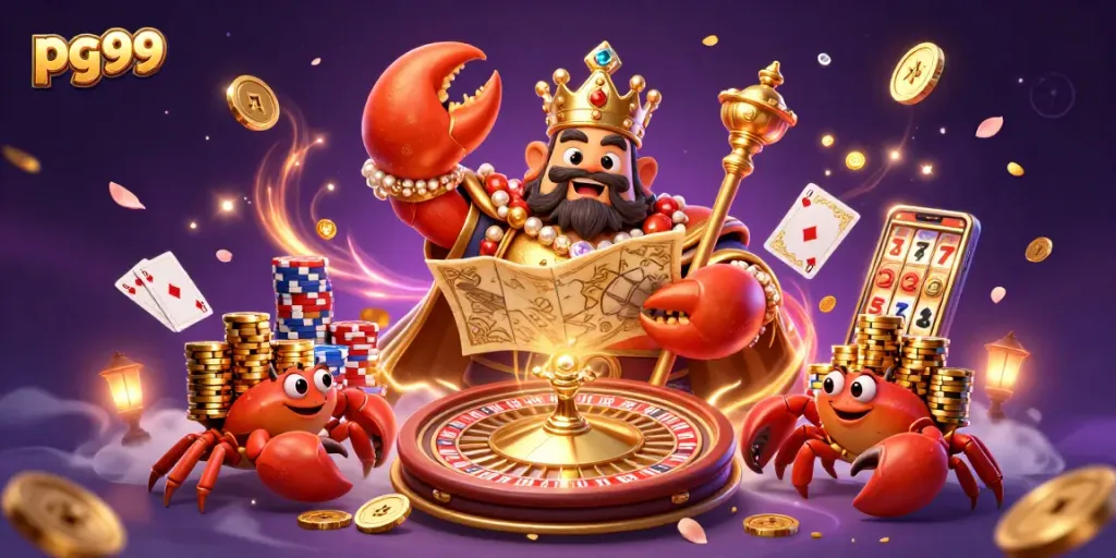 Experience the thrill of pg99 casino with golden crab emperor surrounded by treasures and excitement.