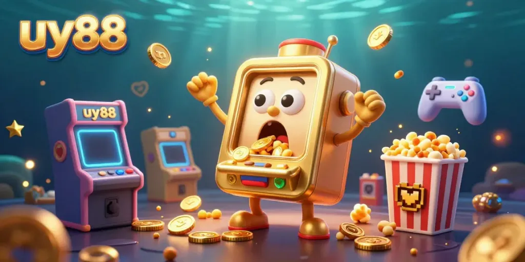 Experience the excitement of uy88 with this vibrant 3D illustration of an animated slot machine hitting a jackpot!