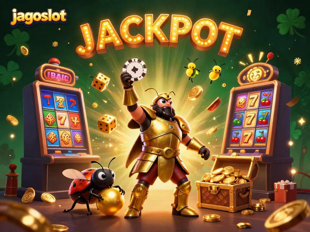 Tampilkan jackpot yang menggembirakan dengan jagoslot dalam ilustrasi 3D penuh warna yang dinamis.