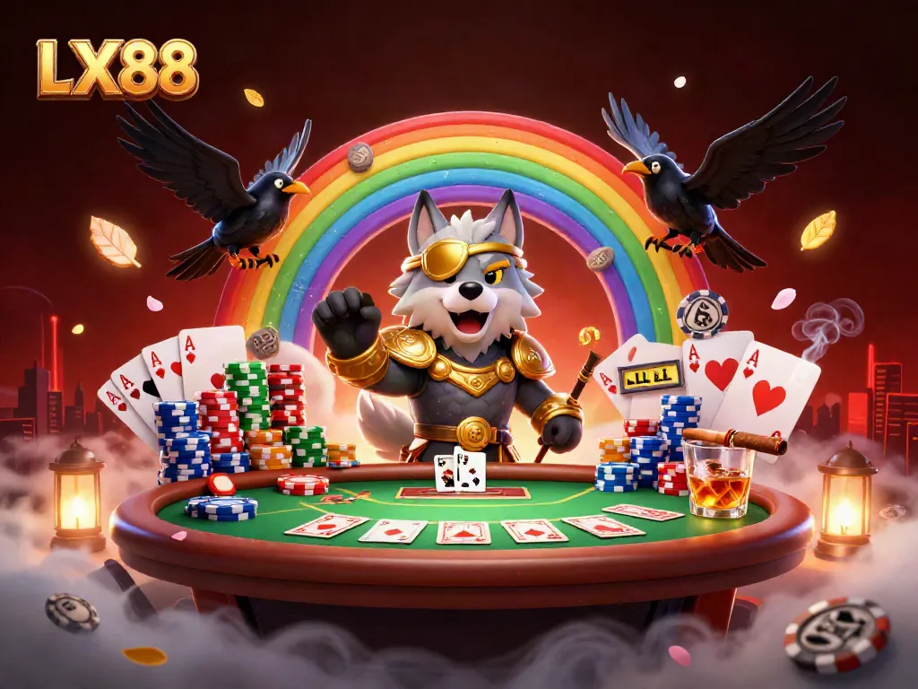 Experience the exciting world of LX88 with a vibrant 3D scene showcasing casino elements and Norse mythology.