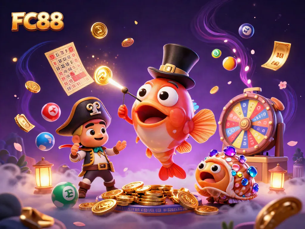 Engage with FC88's exciting world as the anglerfish attracts coins amidst colorful casino elements.