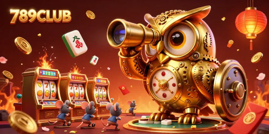 Experience the excitement of 789CLUB with this vibrant casino scene featuring a golden owl and classic slot machines.