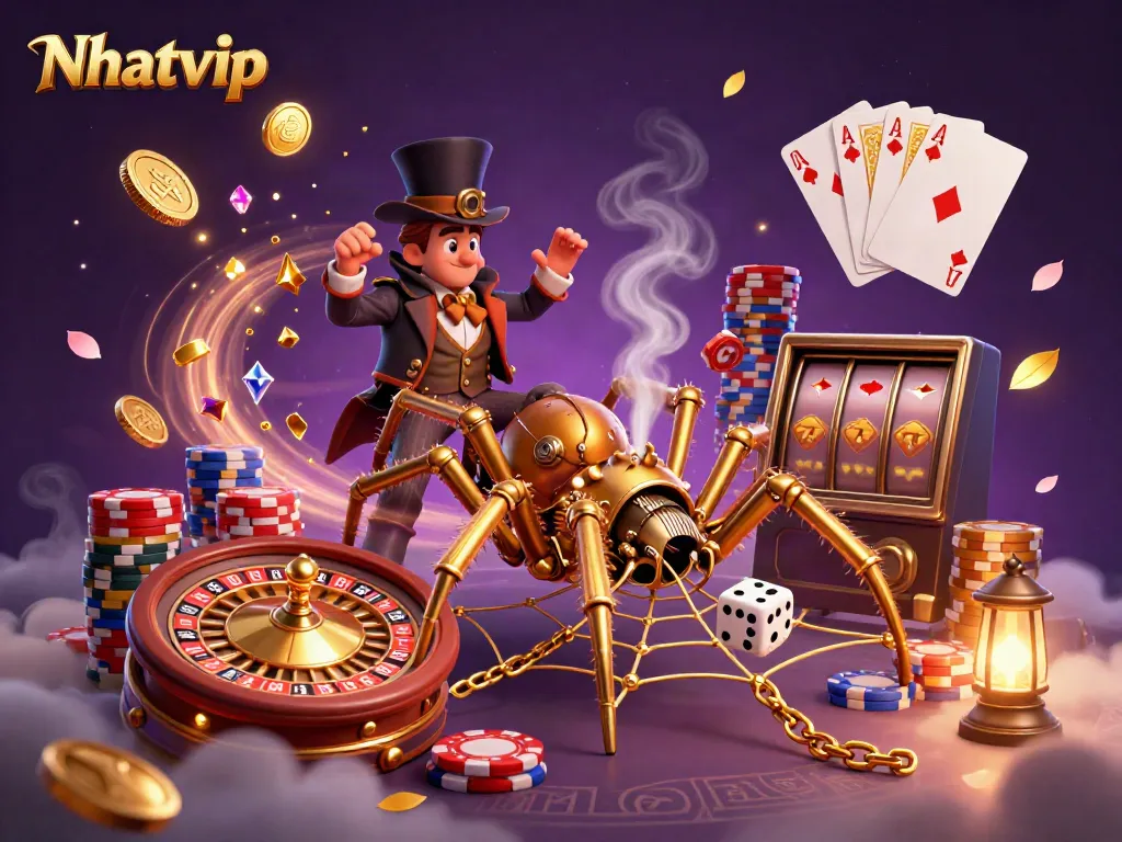 Nhatvip entertains with a vibrant scene of a steampunk spider and fly amid swirling casino elements.