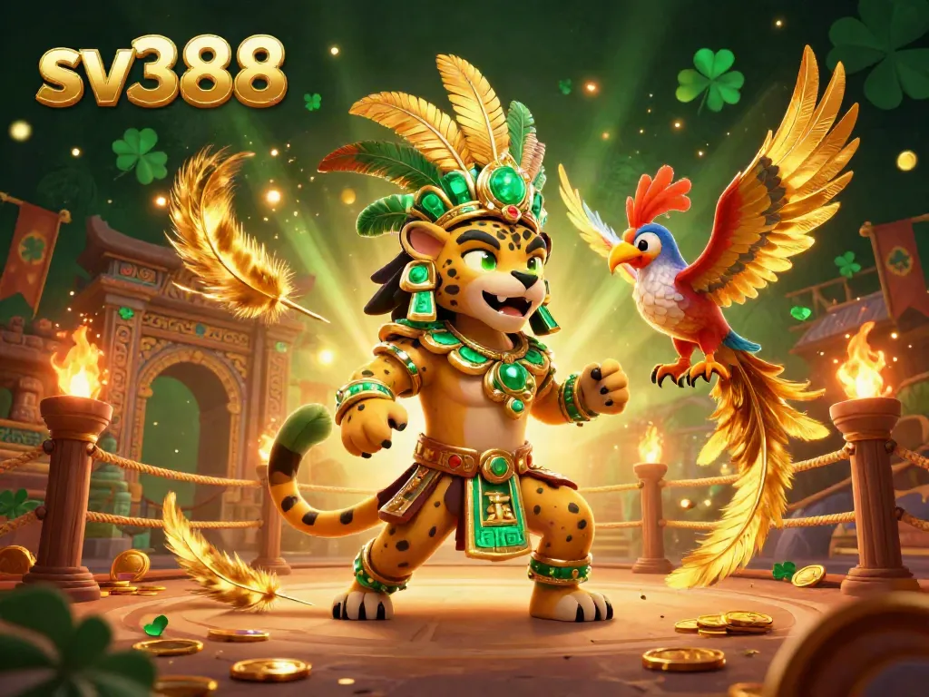 Engage in thrilling cockfighting action at SV388, with a dynamic scene featuring a Mayan jaguar priest and exquisite quetzal bird.