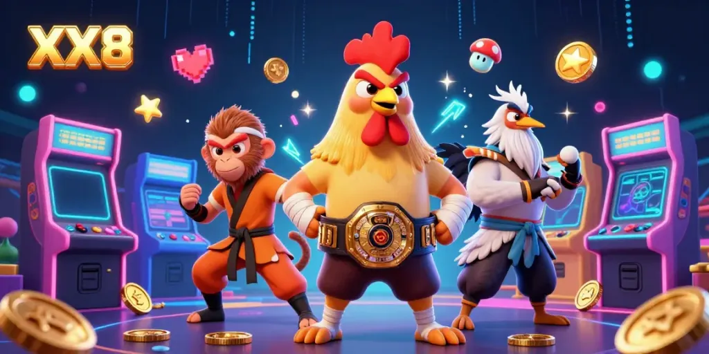 Bet on the excitement with XX8 featuring a fierce Muay Thai rooster and skilled martial artists.