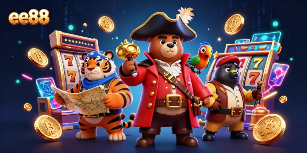 Experience the thrill of ee88 with pirate-themed slots and crypto excitement in a vibrant 3D illustration.