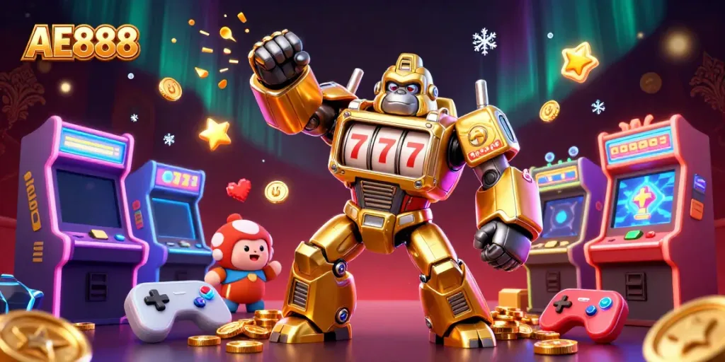 Experience the thrilling AE888 gaming world with a dynamic 3D gorilla mech and vibrant casino elements.