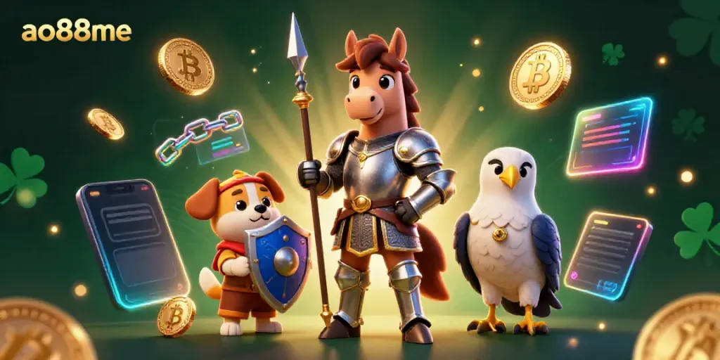 Experience the thrill of ao88me with a knight, puppy, and falcon amid vibrant crypto elements.