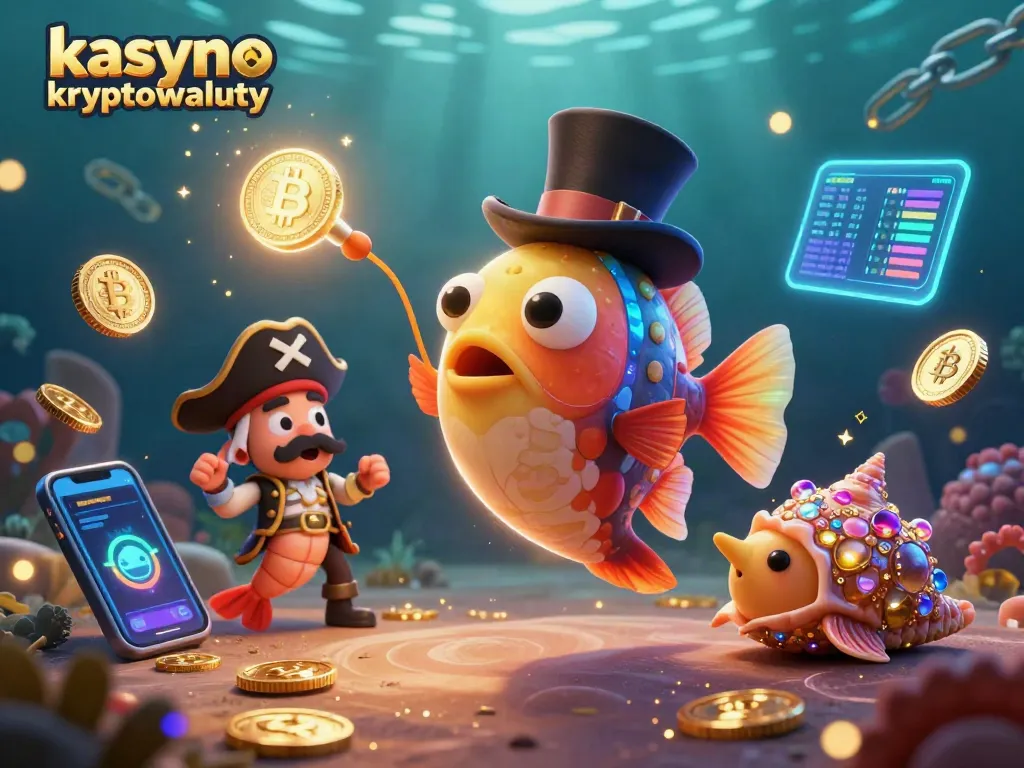 Engage in kasyno kryptowaluty excitement with floating coins, blockchain elements, and vivid sea creatures.