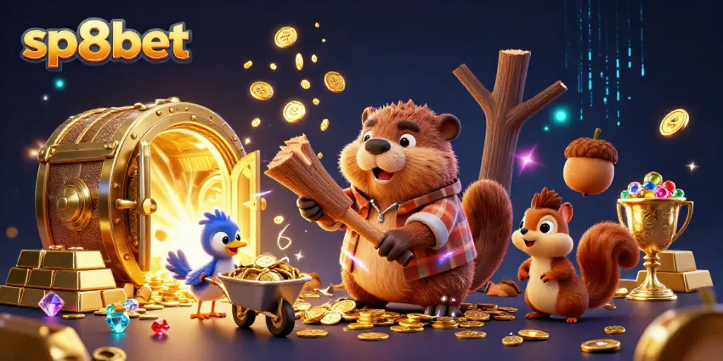 Engaging sp8bet casino scene of a cartoon beaver collecting gold coins from a tree, vibrant and dynamic.