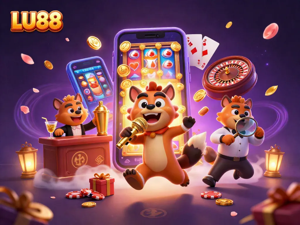 LU88 showcases a vibrant comedy casino scene with hyenas blending humor and gaming excitement.
