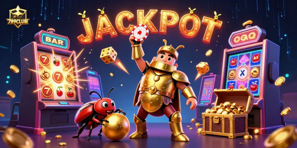 Engage with the action at 789CLUB: A vibrant scene showcasing a cartoon beetle champion celebrating a jackpot win.