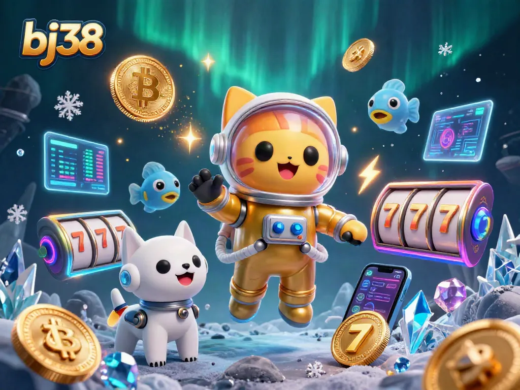 Experience the ultimate thrill of bj38 with 3D cartoon characters in a dynamic casino scene filled with crypto elements and slot machines.